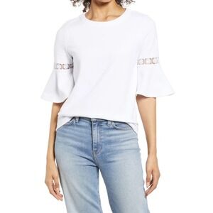 Everleigh Lace Accent Bell Sleeve Cotton Blend Knit Top In White Women's Size S